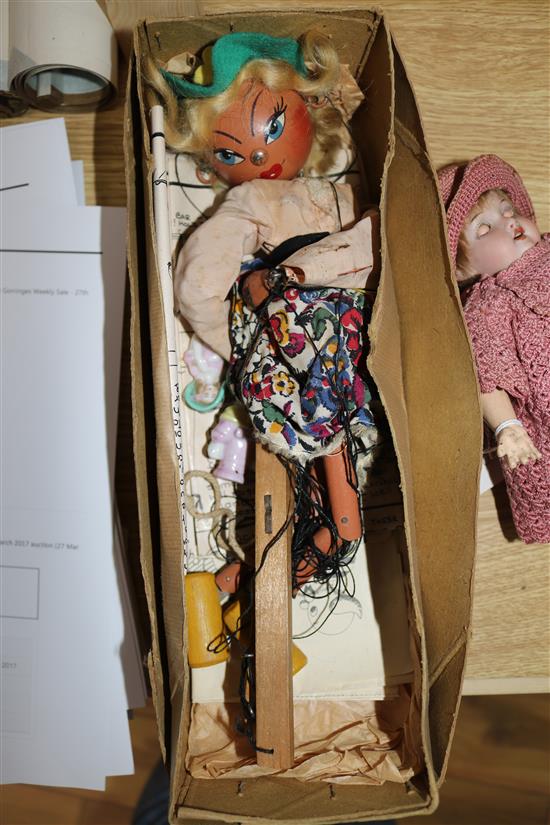 A French bisque headed doll, Pelham puppet and 2 pin dollies